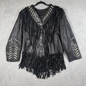 A.M. Bernardo Leather Fringe Jacket Womens XL Black Beaded Western Boho India
